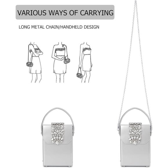 ⚡Women's Evening Rhinestone Box Detachable Chain Strap Silver Crystal Clutch Bag - Picture 6 of 6